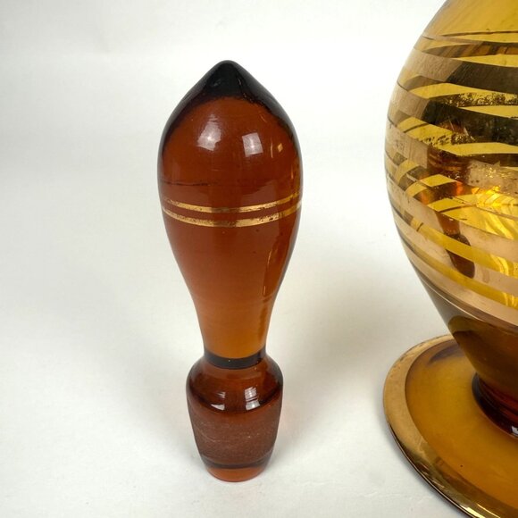 Beautiful Vintage Amber Glass Wine Decanter With Gold Stripes Retro MCM - Picture 3 of 9